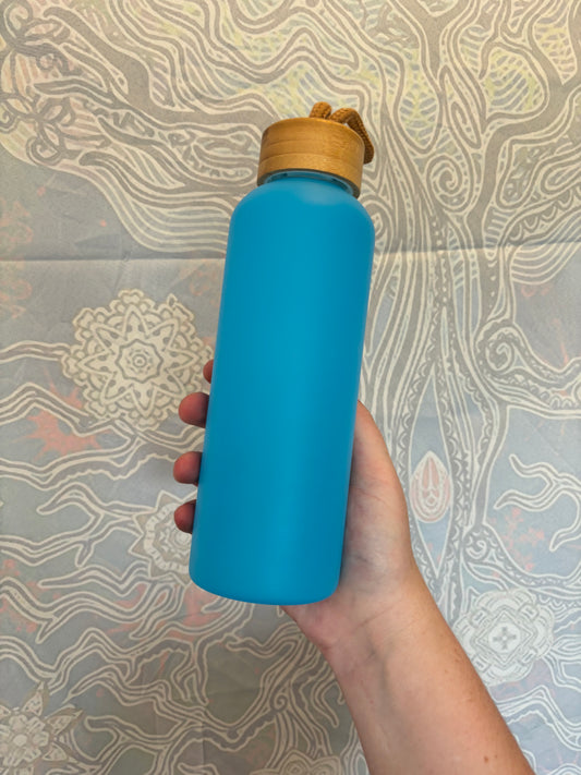 Glass Blue Water Bottle w/ Bamboo Lid