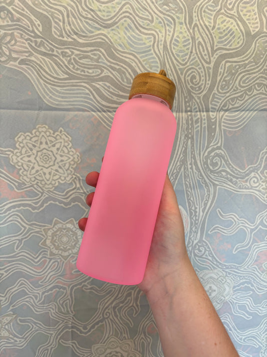 Glass Pink Water Bottle w/ Bamboo Lid